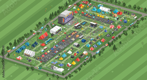 This expansive flat design illustration offers a high-angle view of a large music festival, showcasing its stages, tents, food areas, and energetic crowds from above.