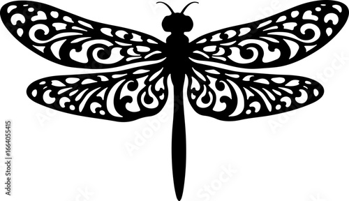 White background black silhouette of a dragonfly