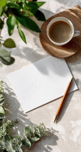 Blank paper, pen, coffee, & greenery bathed in sunlight on a light-toned surface