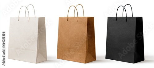 Three blank paper shopping bags in different colors