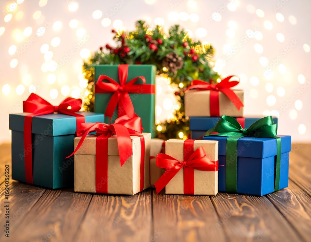 Fototapeta premium Christmas gifts, wooden table, festive lights