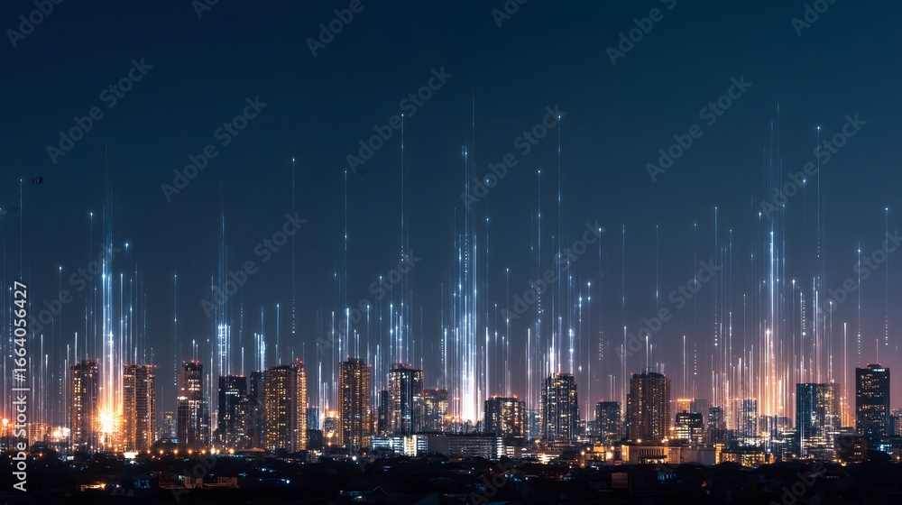 A city skyline is lit up at night with a lot of lights. The city is full of tall buildings and the lights are shining brightly. The city looks busy and lively at night A city skyline is lit up at night with a lot of lights. The city is full of tall buildings and the lights are shining brightly. The city looks busy and lively at night