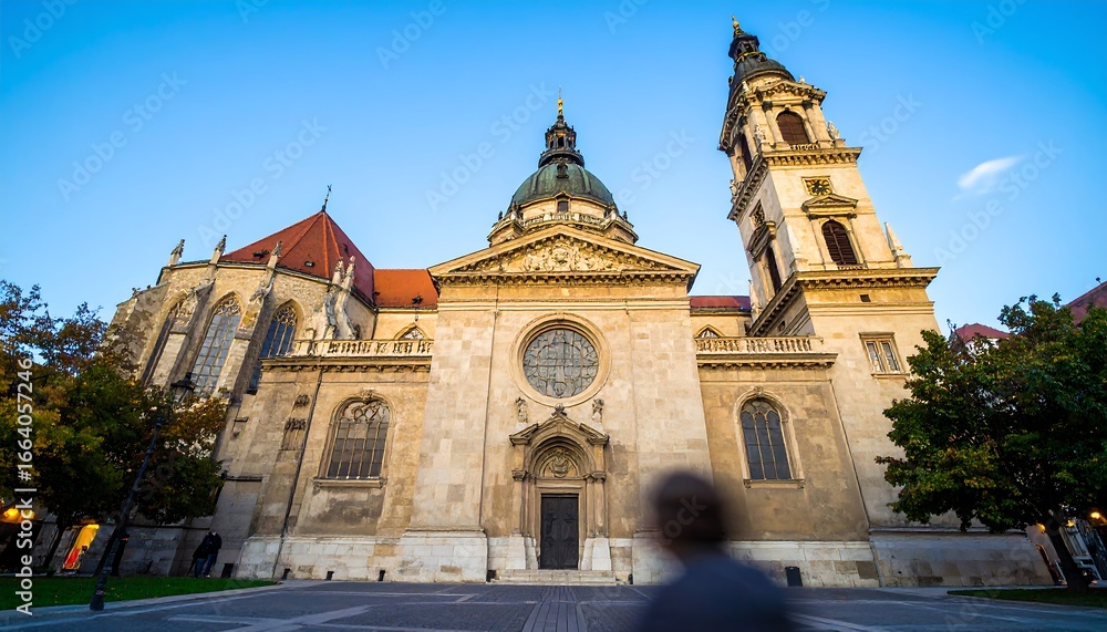 Fototapeta premium Wide shot of a historic church facade at dawn