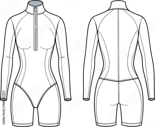 Women's long sleeve zip front wetsuit CAD drawing, technical fashion flat vector illustration, garment design, front and back view