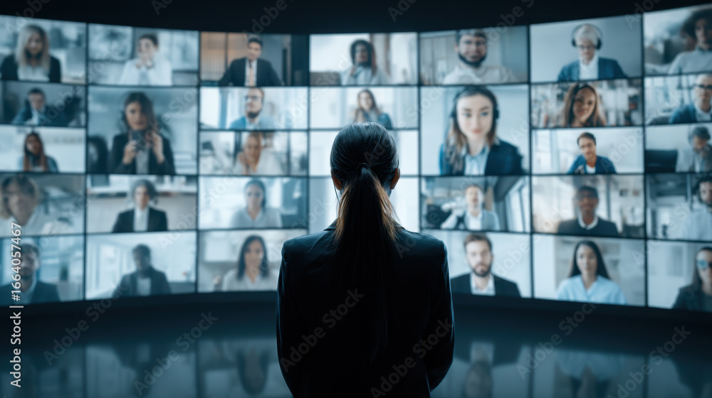 Professional woman stands in front of large screen displaying multiple video conference participants. scene conveys sense of collaboration and communication in digital workspace Professional woman stands in front of large screen displaying multiple video conference participants. scene conveys sense of collaboration and communication in digital workspace