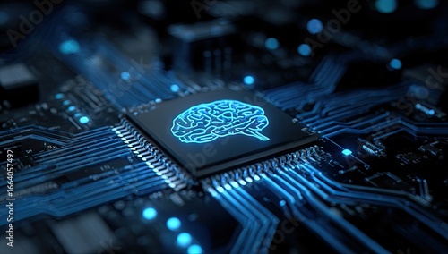 A glowing brain icon on a circuit board.  A close-up view of a microprocessor chip with a stylized brain graphic superimposed, highlighting the concept of artificial intelligence or neural networks.