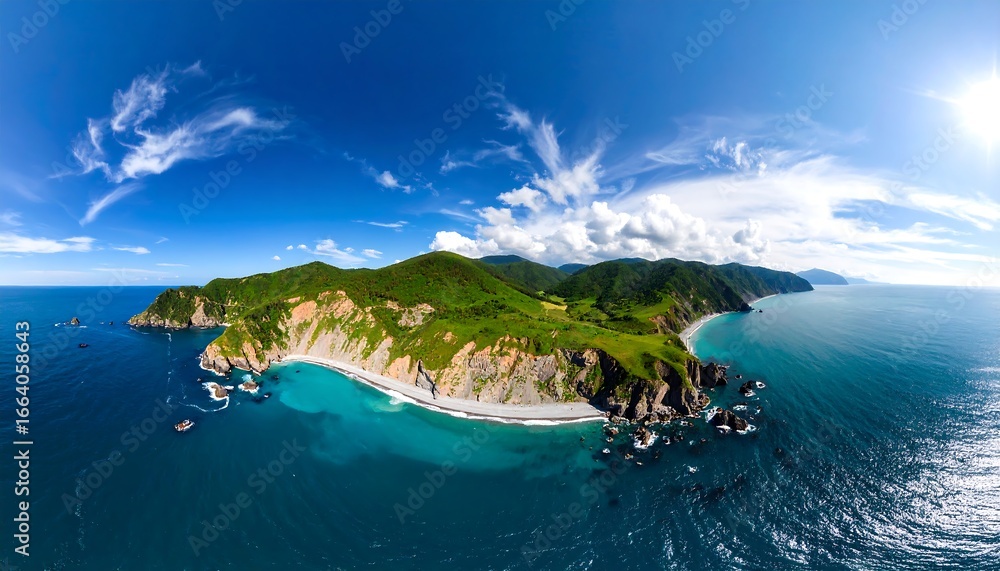 Fototapeta premium Panoramic vista of a secluded cove nestled between verdant hills and a tranquil ocean.