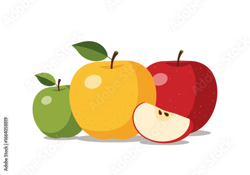 Three delicious fresh apples red yellow and green with a slice showing seeds
