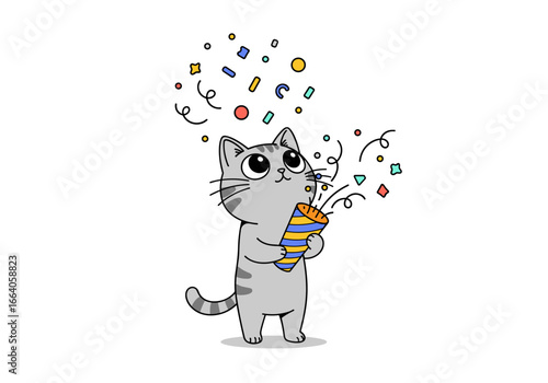A cute gray cat celebrates a special occasion by firing a party popper filled with colorful confetti