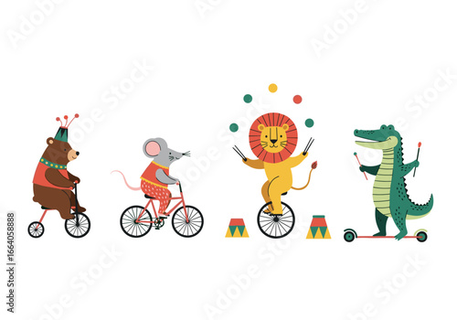 Whimsical circus animals perform amazing feats on bikes and scooters under bright lights