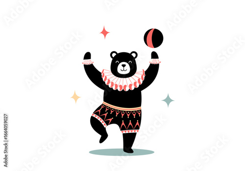 Charming circus bear performing a playful juggling act in a vibrant festive atmosphere with sparkling stars