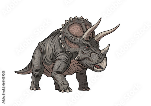 An illustration of a majestic gray triceratops dinosaur with three horns and a large frill standing proudly