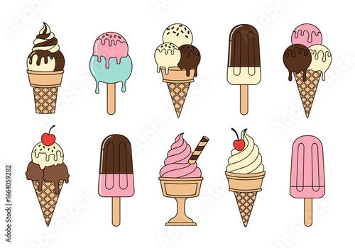 A collection of delightful frozen desserts featuring various flavors and toppings perfect for summer enjoyment