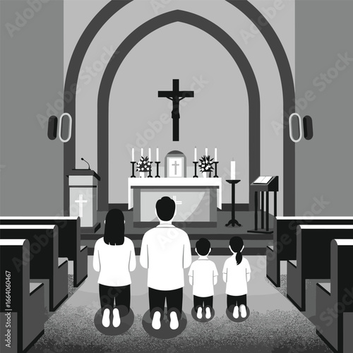 a family kneeling and praying in the church