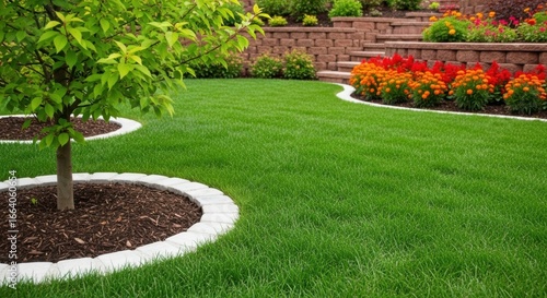 A meticulously manicured lawn and garden showcase vibrant green grass  colorful flowers  and decorative landscaping