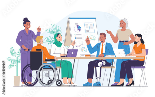 Diverse Colleagues Meeting Flat Vector Illustration of Inclusive Workplace with Different Ages, Genders, Ethnicities, and Disabilities