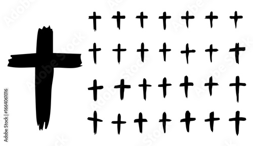 Black vector illustration of Christian crosses in distressed styles, featuring various shapes on a white background, icon sheet in grunge style