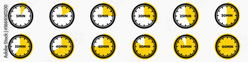 Timer icon set. Set of clock icons from 5 to 60 minute, set of stopwatch icons from 5 to 60 minute, set of timer countdown icons from 5 to 60 minute,Countdown minutes timer symbol. Vector Illustration