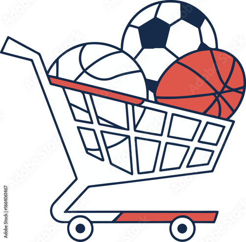 Shopping Cart Filled with Soccer, Basketball, and Volleyball – Sports Gear Illustration