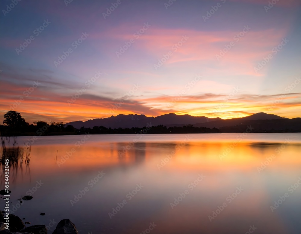 Fototapeta premium Serene sunset over calm lake, reflecting vibrant colors in the sky and mountains