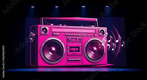 Pink Retro Boombox on Stage with Music Notes.