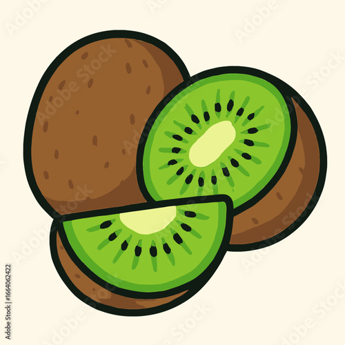 Whole and Sliced Kiwi Fruit Vector Illustration