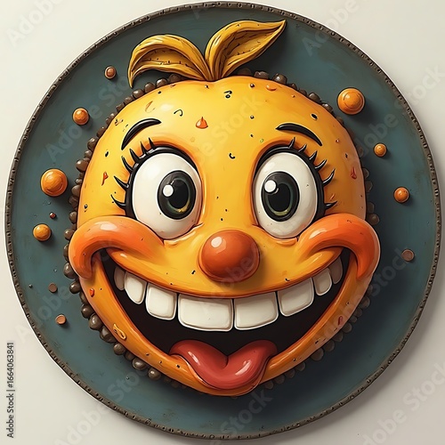 Cartoon Face Smiling Yellow Character on Blue Plate