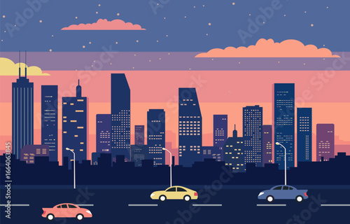 Retro pixelated urban skyline at twilight with cars