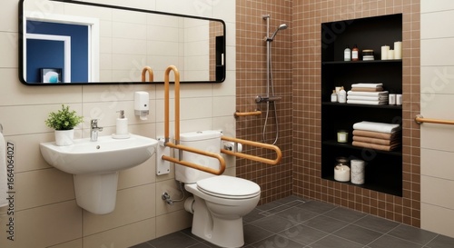 A modern and accessible bathroom featuring a toilet with grab bars, a sink, a shower, and shelves stocked with towels and toiletries, designed for comfort and safety