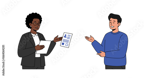 Woman Presenting Resume to Man During Interview Process.
