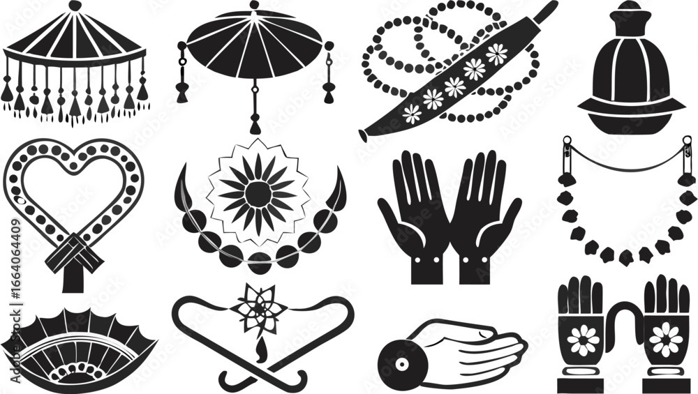 Naklejka premium Illustration of traditional wedding elements including umbrellas, jewelry, and hand decorations silhouette
