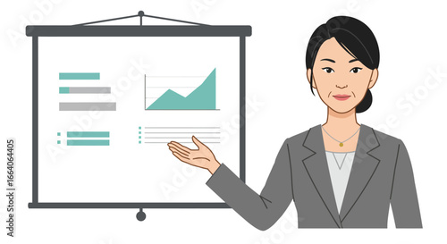 Businesswoman Presenting Data on a Whiteboard with Graphs.