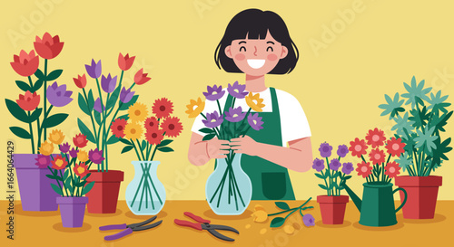 Smiling Florist Arranging Flowers in a Vase.