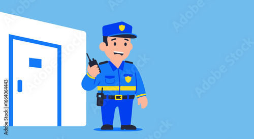 Cartoon Security Guard Holding Radio Near Door.