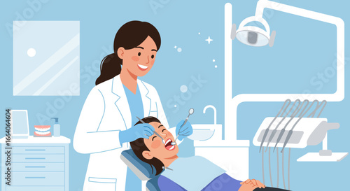 Dentist Examining Patients Teeth in Dental Clinic.