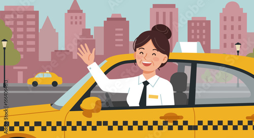 Cheerful Female Taxi Driver Waving from Car.