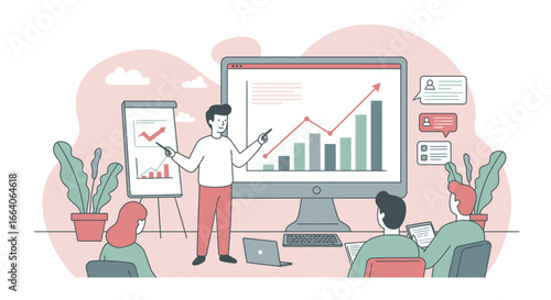Business Presentation with Charts and Audience Illustration.