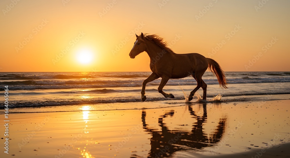 Fototapeta premium Horse Running on Beach at Sunset