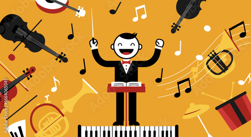 Cheerful Cartoon Conductor Directing Orchestra with Musical Instruments.