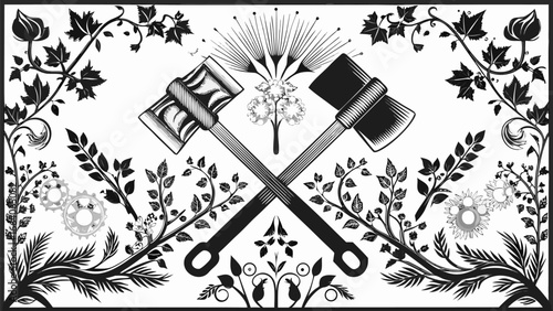 Crossed hammers and axe with floral and gear elements in a decorative black and white illustration silhouette