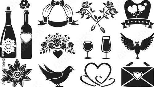 Collection of black and white romantic themed illustrations featuring hearts flowers and birds design silhouette