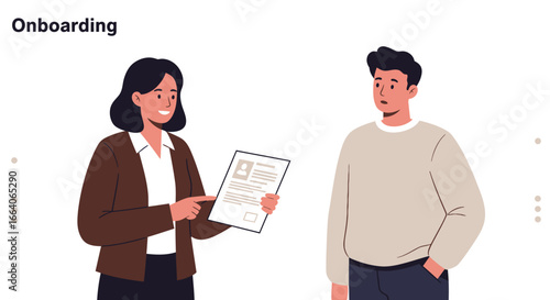 Woman Explaining Document to Man During Onboarding Process.