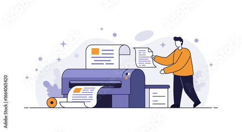 Illustration of a Man Printing Documents with Printer.