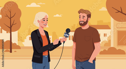 Interviewer with Microphone Interviewing Man Outdoors.