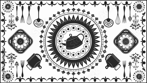 Detailed kitchenware pattern featuring teapot, utensils, and floral elements in black and white design silhouette
