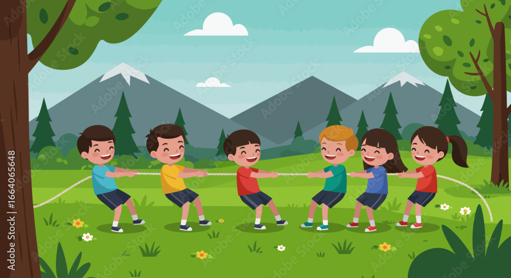 Fototapeta premium Cheerful Children Playing Tug-of-War Outdoors in Nature.