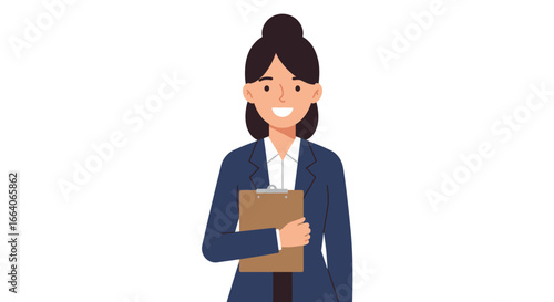 Smiling Businesswoman Holding Clipboard Wearing Suit Illustration.