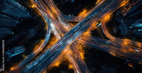Nighttime highway intersection, aerial view.  Complex network of roads crisscrossing.  Light trails from moving vehicles. Urban cityscape visible below