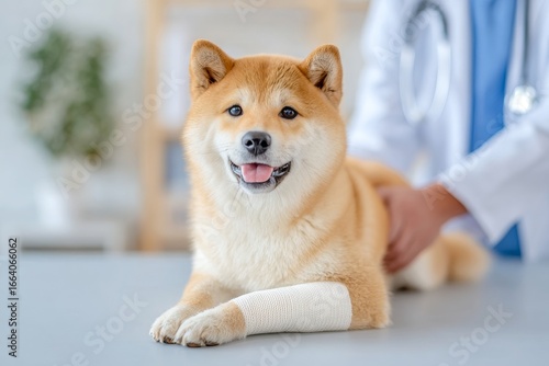 Veterinary care for shiba inu dog with leg injury animal hospital pet health bright clinic close-up recovery concept