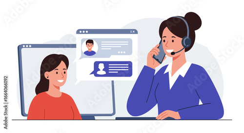 Customer Service Representative Talking on Headset Phone.